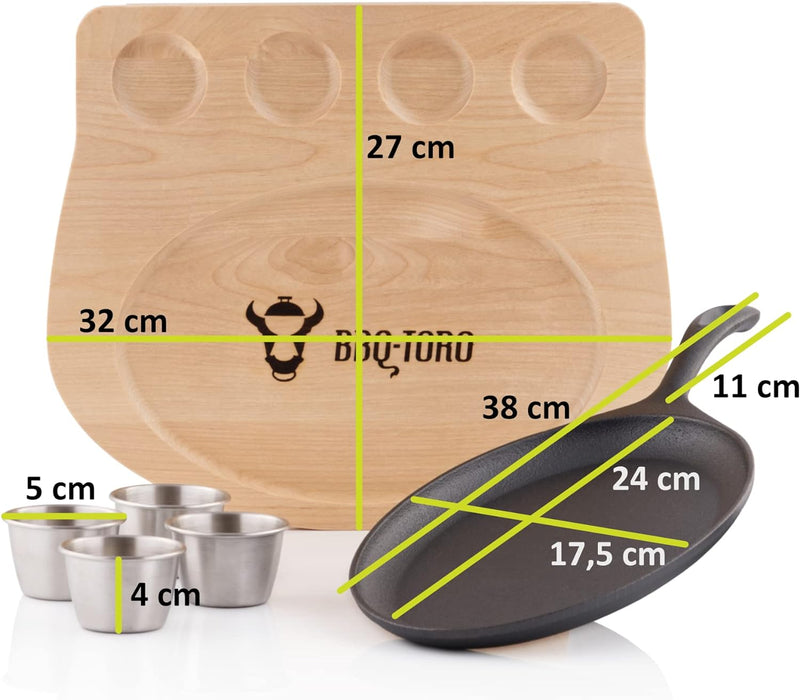 BBQ-Toro Gusseisen Servierpfännchen mit Edelstahl Dipschalen und Holzunterlage | 24 x 17,5 cm - oval