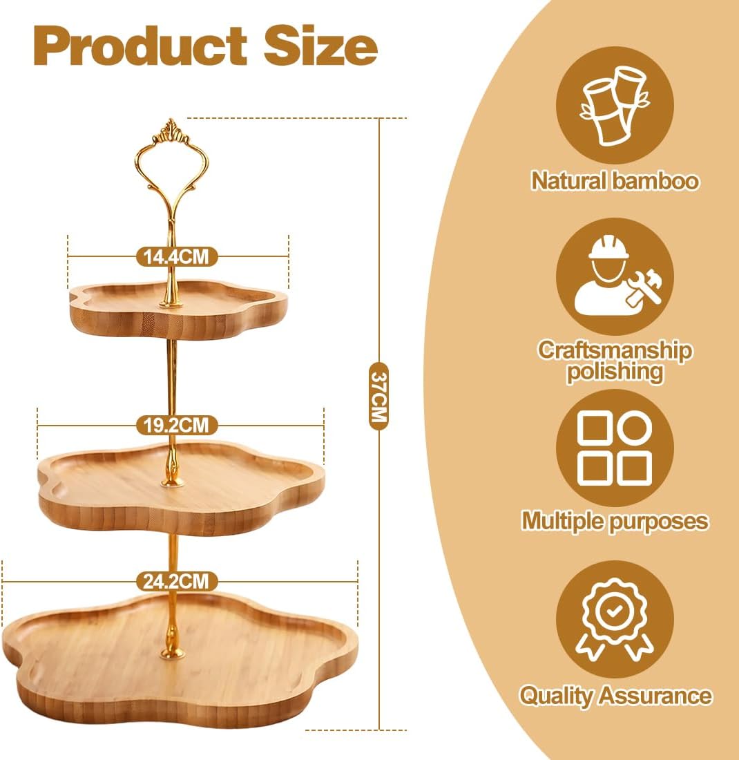 Etagere 3 Etagen aus Bambus, Cupcake Ständer 30 25 20 cm, Tortenständer Holz mit Metallgriff, Servie