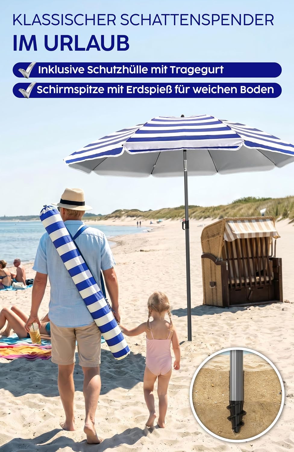 4smile Sonnenschirm Strand SunnyJoy, Blau-Weiss - UPF 50+ Strandschirm Ø 180 cm, sicherer Sonnenschu