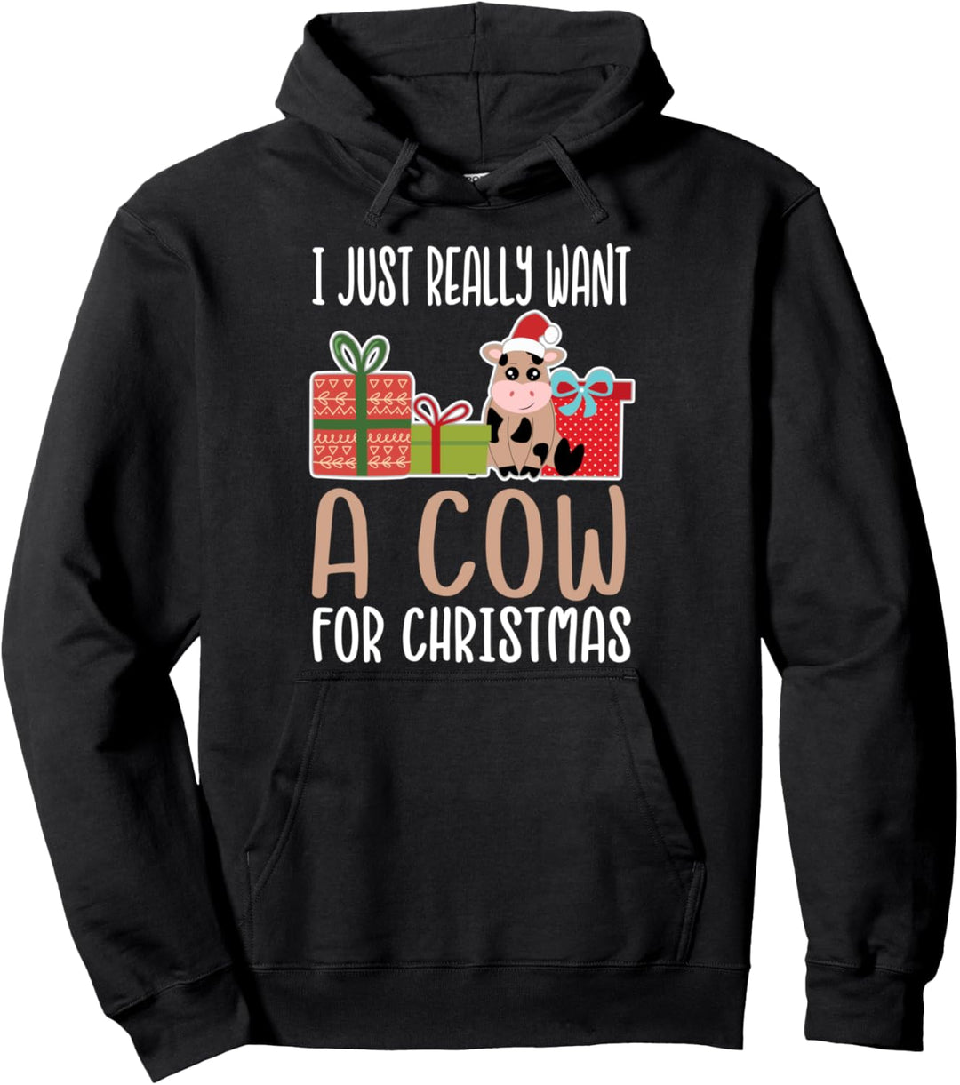 Cute Christmas Cow I Want a Cow Pullover Hoodie