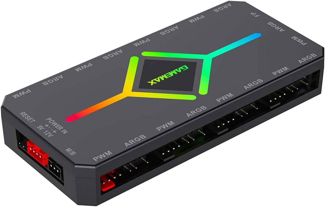 GAMEMAX V4.0 Gehäuselüfter-Hub – 9-Port-PWM-Lüfterverteiler mit RF-Fernbedienung und SATA-Stromverso