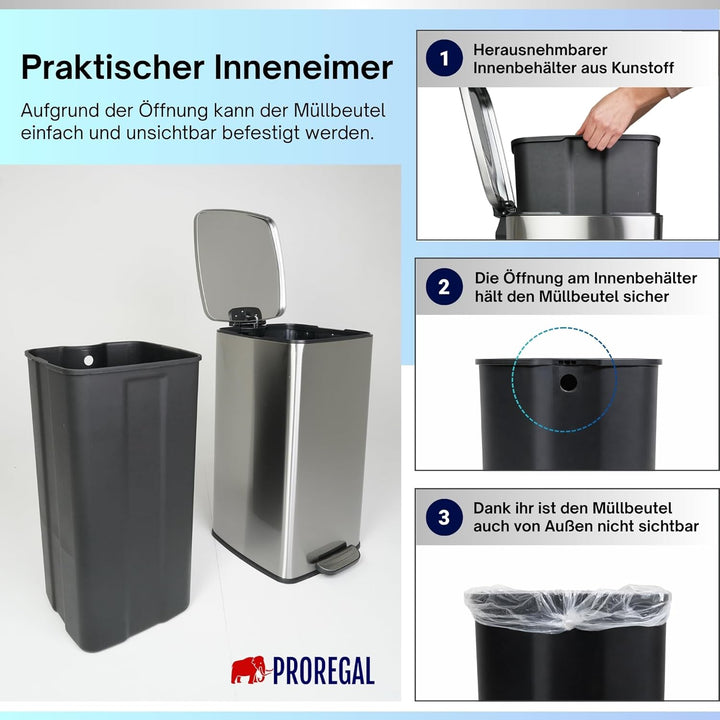 PROREGAL Mülleimer Küche Bad 50L, Abfalleimer mit Softclose & Stay-Open Deckel, Fusspedal & Inneneim