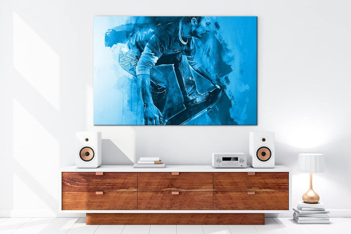 deyoli Illustration Skater Format: 100x70 Effekt: Monocrome Blau als Leinwandbild, Motiv fertig gera