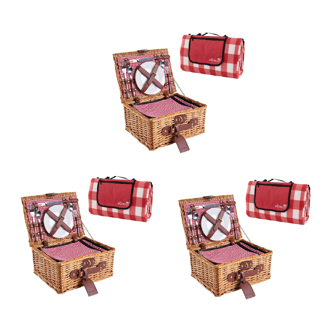 eGenuss 3er-Set Handgefertigtes Picknickkorb für 2 Personen mit Kühlfach und Zubehör + wasserdichte