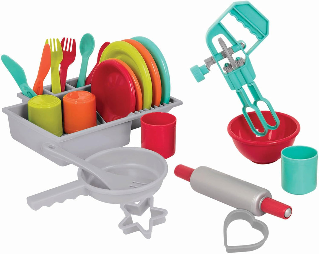 Battat Deluxe Küchenset, Kinderküche Zubehör Geschirr Set und Topfset Teller, Tassen, Besteck – Kind