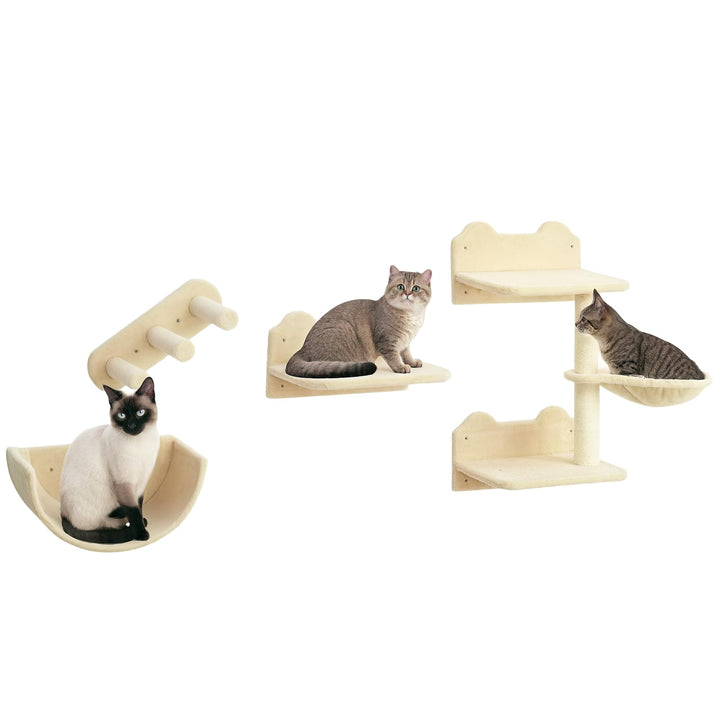 PawHut Kletterwand Katzen 4-teilig Katzen Kletterwand Set mit Kaztentreppe, Katzenbrücke, Hängematte