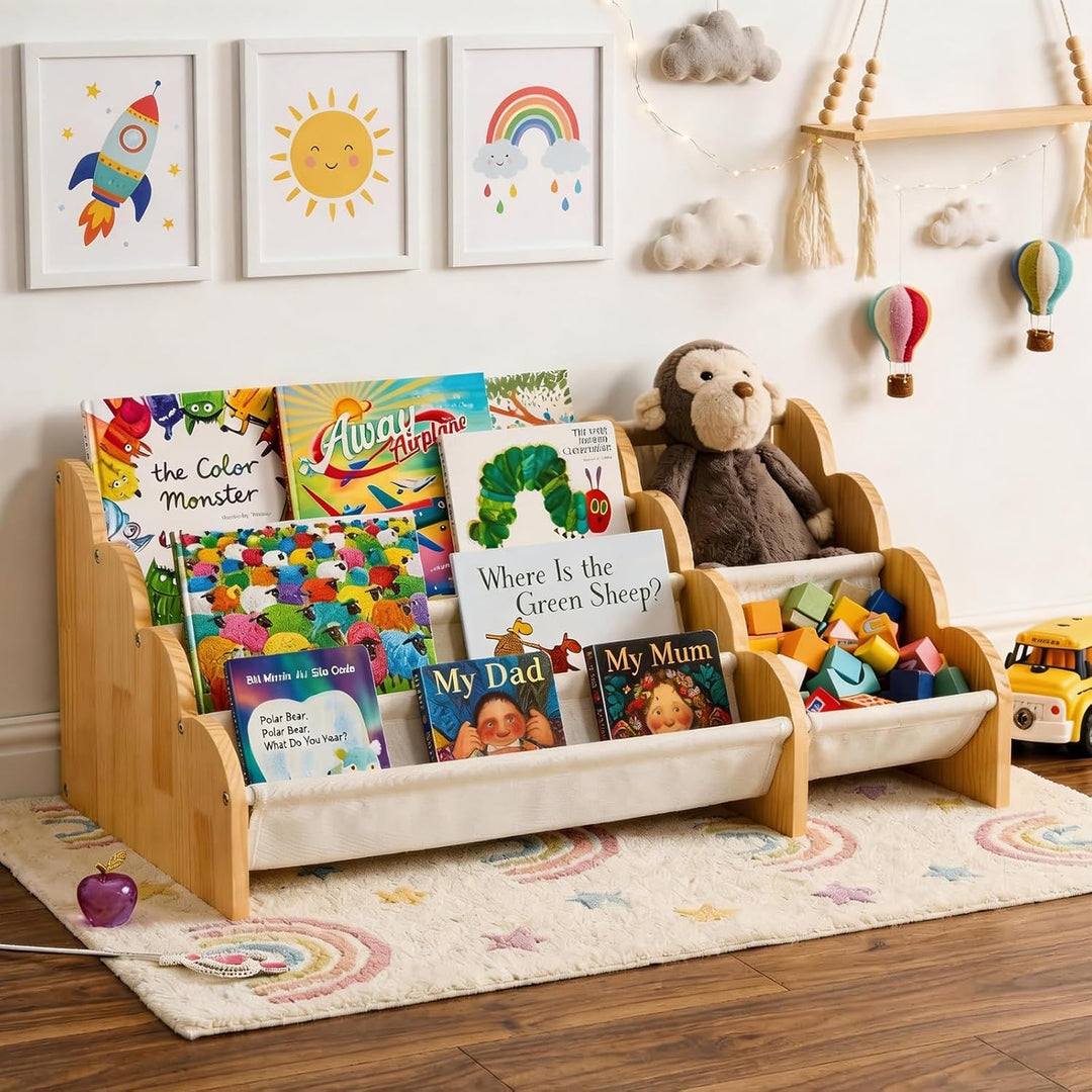 Puricon 4-stufiges Kinderbücherregal mit Spielzeugablage, Montessori-Inspired Frontal-Sling-Buchrega