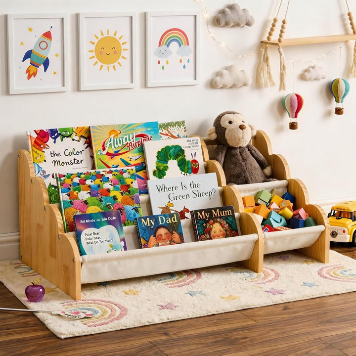 Puricon 4-stufiges Kinderbücherregal mit Spielzeugablage, Montessori-Inspired Frontal-Sling-Buchrega