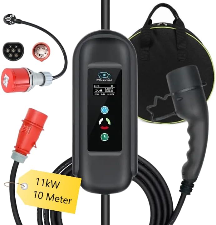 Tragbare Mobile Wallbox 11kW mit 10 Meter Typ2 Ladekabel und CEE Stecker 16A Rot 3-Phasen & Adapter