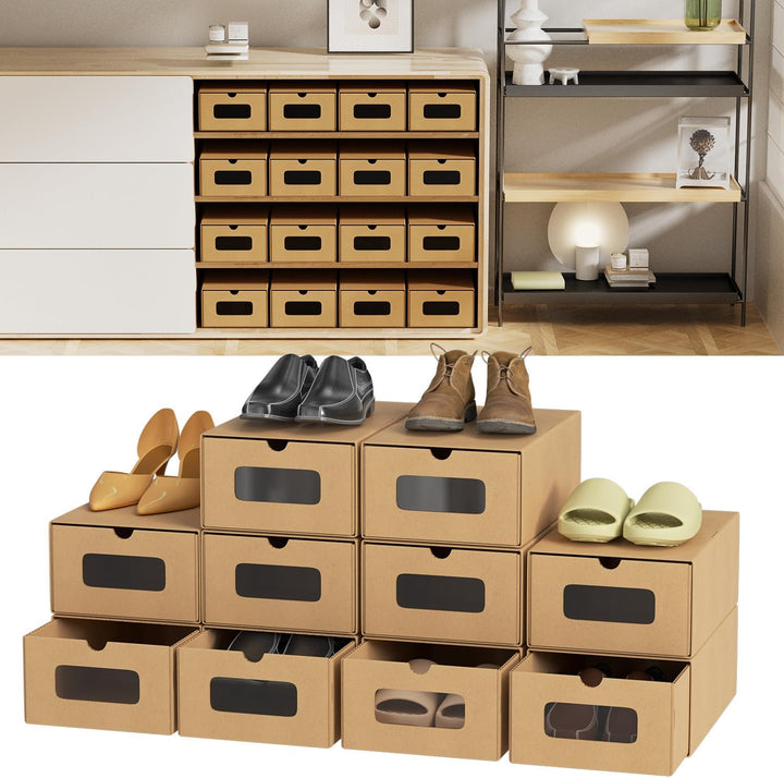 30x Aufbewahrungsbox in Braun – Stapelbare Schuhbox aus Kraftpapier mit Sichtfenster, Faltbare Schuh
