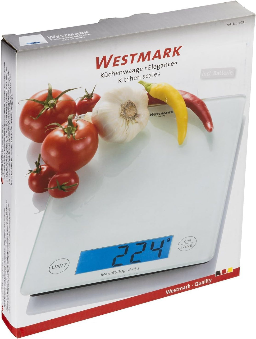 Westmark Digitale Küchenwaage mit Tara-Funktion, Wiegebereich bis 5 Kg, Glas-Wiegefläche, 23 x 18 x