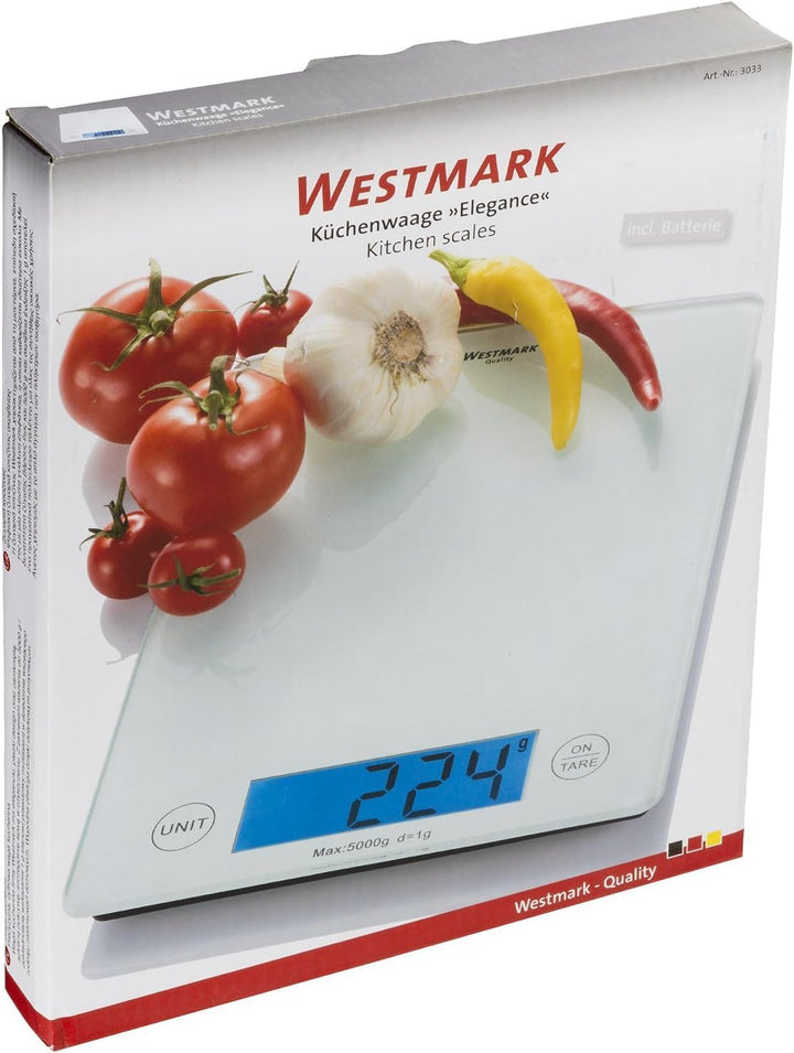 Westmark Digitale Küchenwaage mit Tara-Funktion, Wiegebereich bis 5 Kg, Glas-Wiegefläche, 23 x 18 x