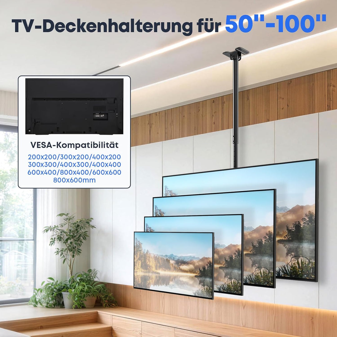 TV Deckenhalterung für 50 bis 100 Zoll, 80 kg Tragkraft, Höhenverstellbar 115-170 cm, Schwenk- und N