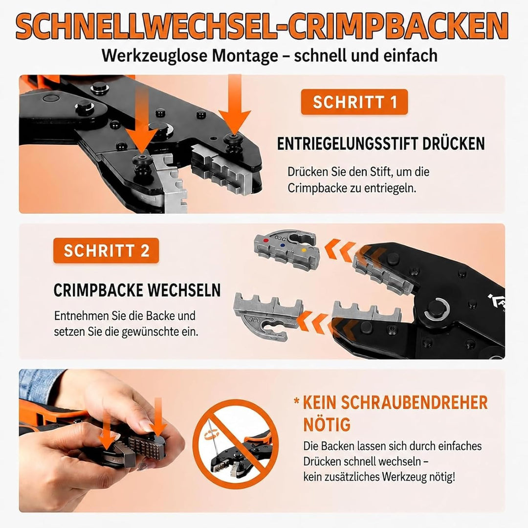 KF CPTEC Crimpzangen Set 9-teilig, Ratschen Crimpzange mit 7 Wechselbacken, AWG 22-2 (0,5–35 mm²) fü