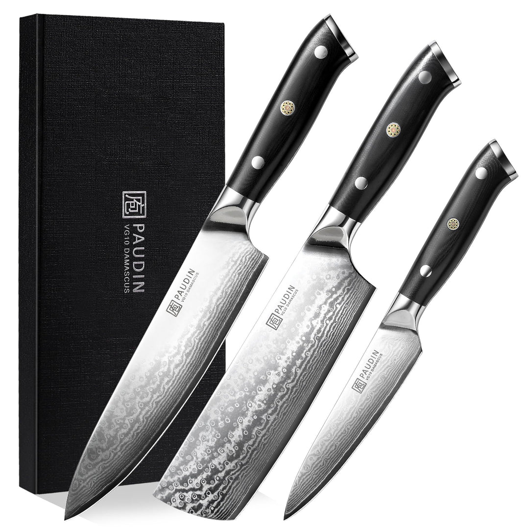 PAUDIN 3-tlg Küchenmesser Set, Damastmesser Set aus 67 Schichten VG10 Damaststahl mit G10 Griff – Ch