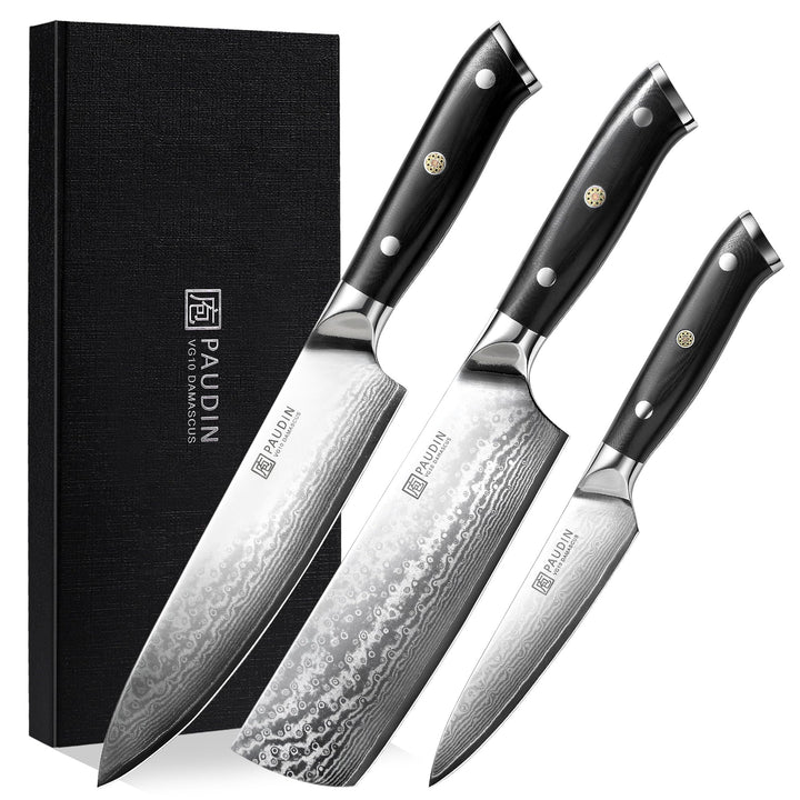 PAUDIN 3-tlg Küchenmesser Set, Damastmesser Set aus 67 Schichten VG10 Damaststahl mit G10 Griff – Ch