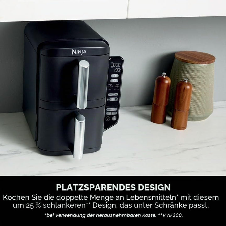 Ninja Doppelstapel-Luftfritteuse, vertikale Doppelschublade, Luftfritteuse mit 4 Kochstufen, 2 Schub