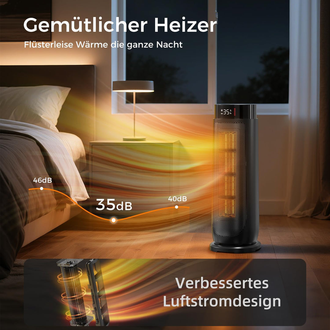PTC Heizlüfter für Zuhause, Überhitzungs Kippschutz, Schwarz, 2000W | Thermostat, 90°-Oszillation fü