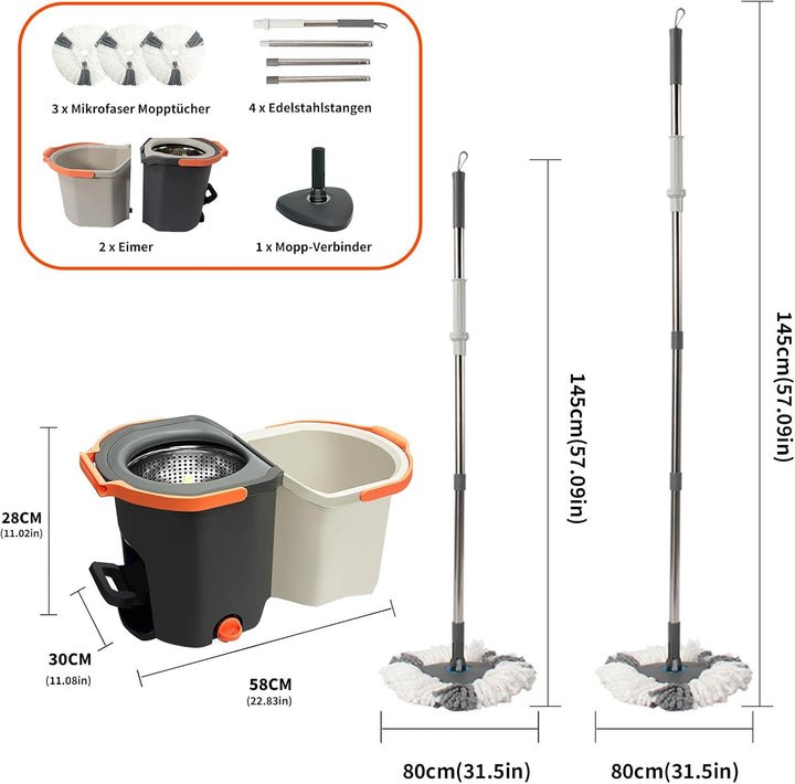 Wischmopp Set mit geteiltem Eimer & Fusspresse – Faltbarer Bodenwischer mit Auswringfunktion & 2-Kam