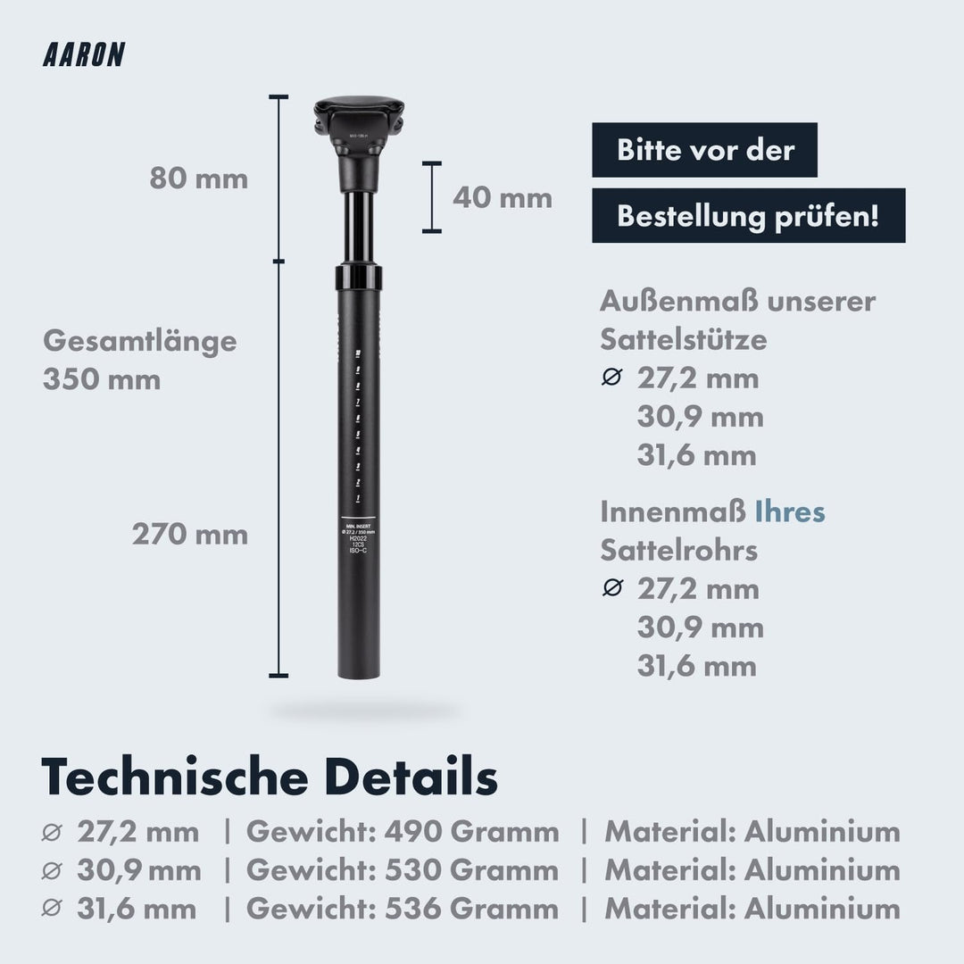AARON Spring Federsattelstütze mit 27,2, 30,9 oder 31,6 mm Durchmesser - Gefederte Aluminium Sattels