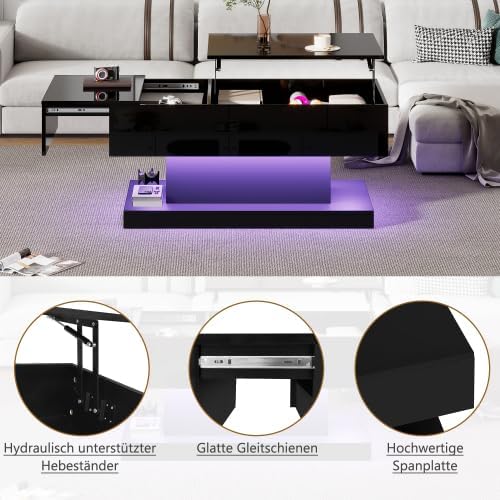 Merax Couchtische 100x50x45 cm, Hochglanz-Lift-Teetisch, Kaffeetisch mit LED-Beleuchtung – Halbhebba