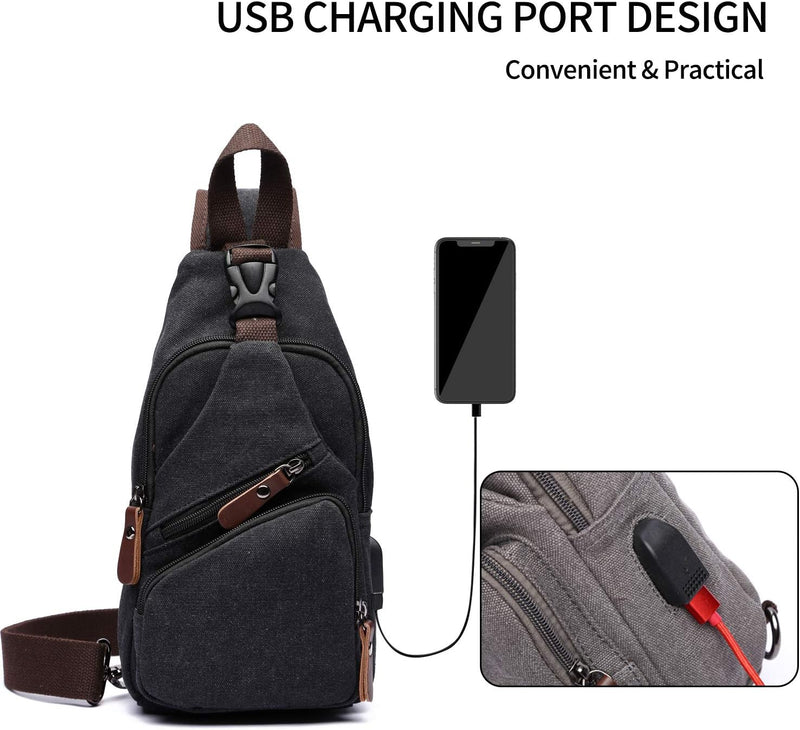 FANDARE Brusttasche Herren Schultertasche Sling Bag Rucksack mit USB Segeltuch Tasche Umhängetasche