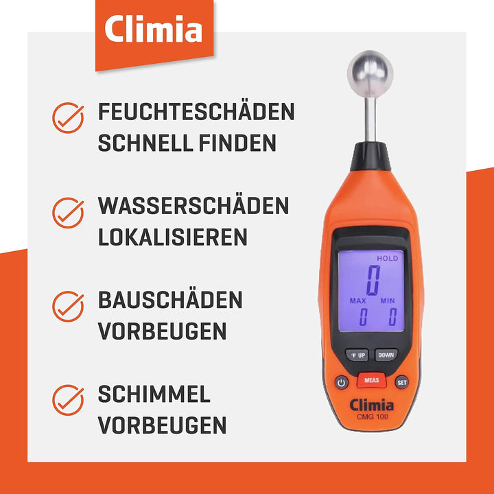 Climia CMG100 Feuchtemessgerät Wände, 5-40 mm Analysetiefe, Feuchtigkeitsmessgerät mit bis zu 50-Stu
