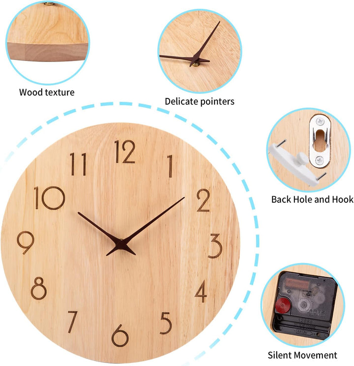 Wanduhr Holz Eiche Ohne TickgeräUsche Lautlos 30cm Quarz Gross Einfach zu Lesen für Zimmer Zuhause K