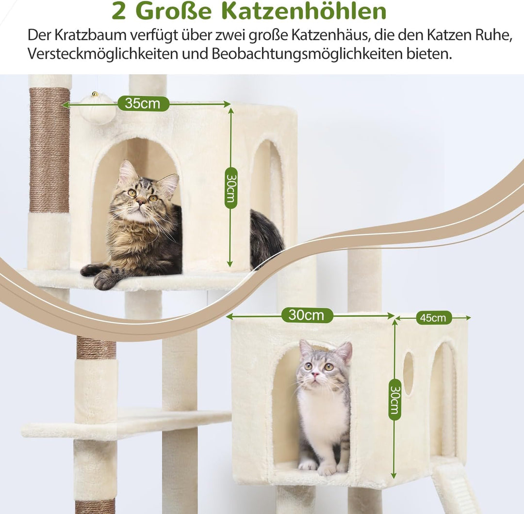 Globlazer Kratzbaum Beige Grosse hoch 178 cm mit Grosser Hängematte 43 * 36CM, 2 Katzenhaus, Gepolst