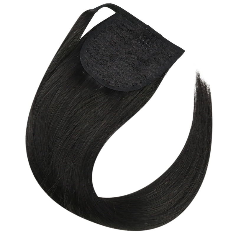 Fshine Ponytail Echthaar Extensions Schwarz 40cm 80g Pferdeschwanz Haarteil Echthaar Clip in Wickeln