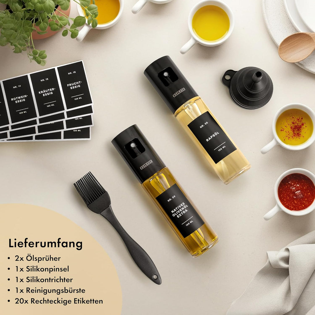 Ölsprüher 2er Set - Hochwertige Öl-Sprühflasche aus Edelstahl & Glas, für gesundes Kochen I Sprüher