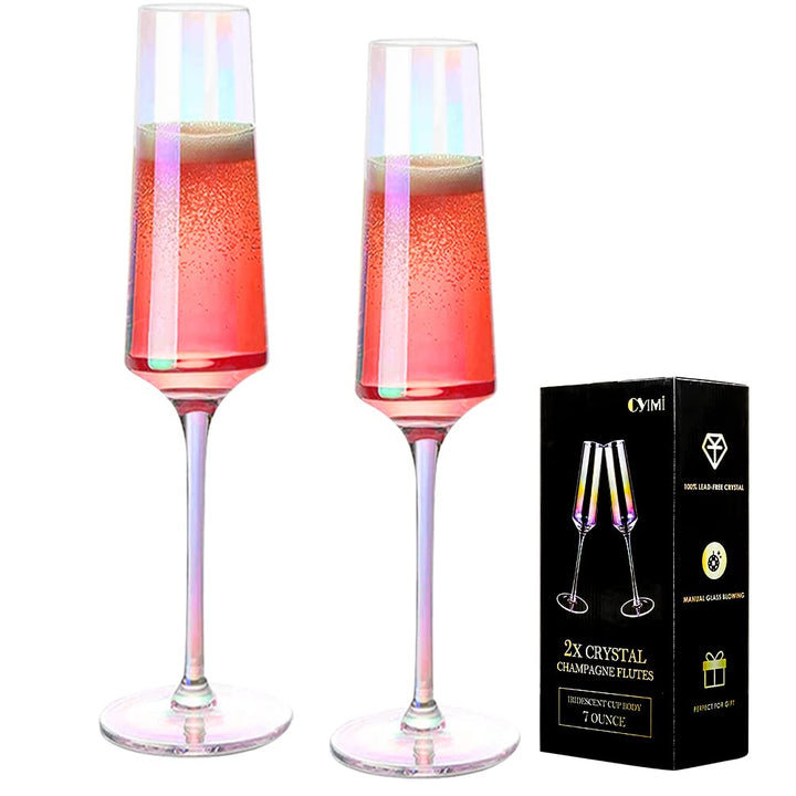 Yimi bunte Kristall-Champagnergläser, 2 Stück, 100% bleifrei, Premium-Champagnergläser, handgeblasen