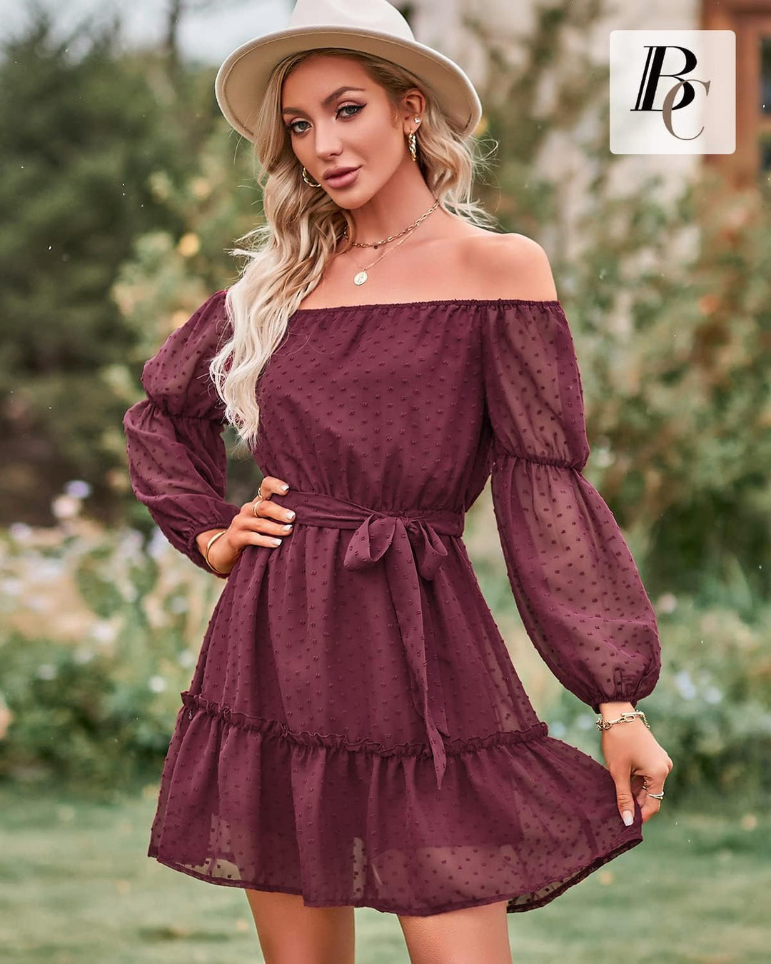 BebreezChic Kleid Damen Elegant Langarm Off Shoulder Einfarbig Swiss Dot Luftig Sommerkleid Miniklei