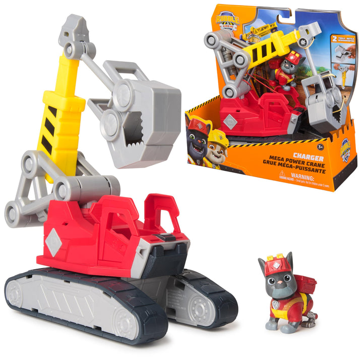 Rubble & Crew - Chargers 2-in-1 Mega Kran, Premium Baufahrzeug mit Abnehmbarer Baggerkralle und Pres