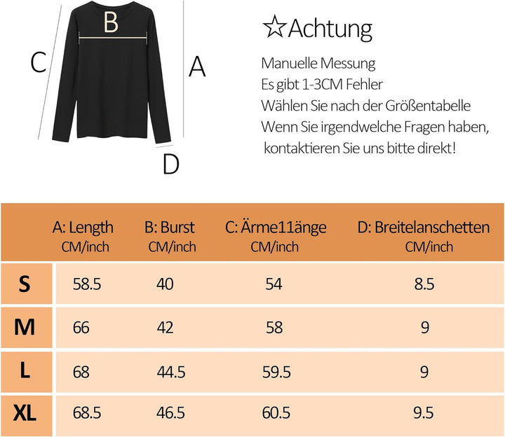 LiKing Langarmshirt Damen Basic Longsleeve Langarm-Shirt Oberteil Tops mit Stretch Baumwolle 3er Pac