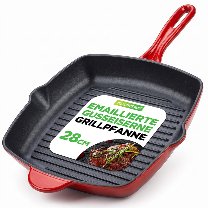 NutriChef Grillpfanne, 30x43cm- Gusseisenpfanne Induktion, Cast Iron Pan- Eckig &amp; Antihaftbeschichte