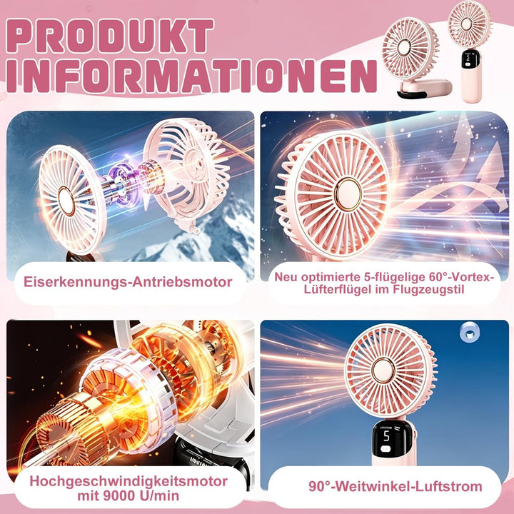 Handventilator Mini tragbarer USB-Lüfter, 5 Geschwindigkeitsstufen mit Halfter und Basis, klappbar f