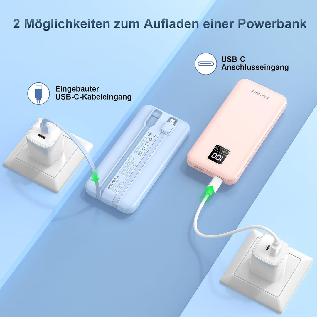 AsperX 2er Powerbank 10000mAh mit USB-C Kabel,4 Ausgängen Schnellladen,Power Bank Klein Aber Stark m