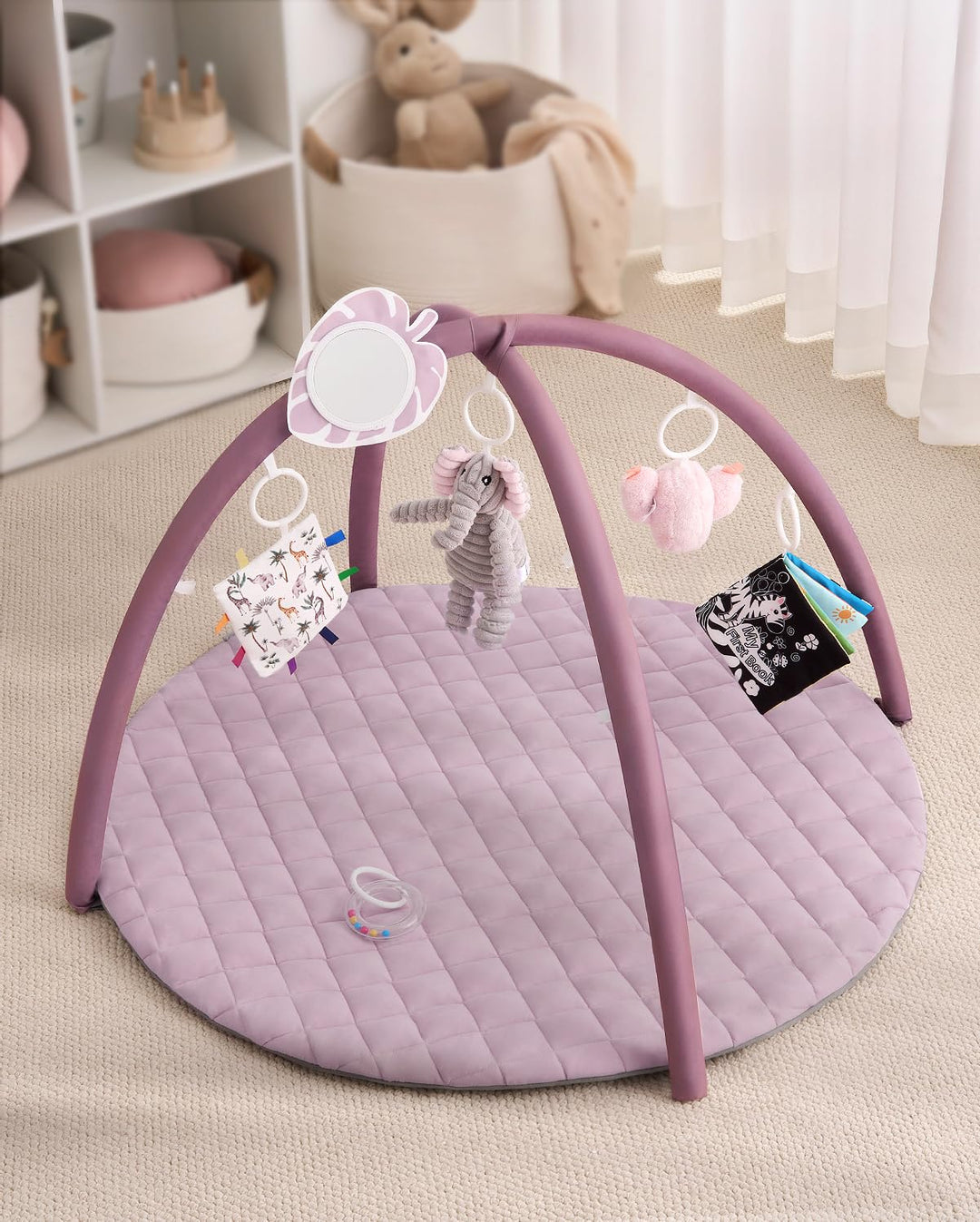 Blissful Diary Spielbogen Baby, Spieldecke Baby Gym Activity Decke mit 6 Abnehmbare Spielzeuge, krab