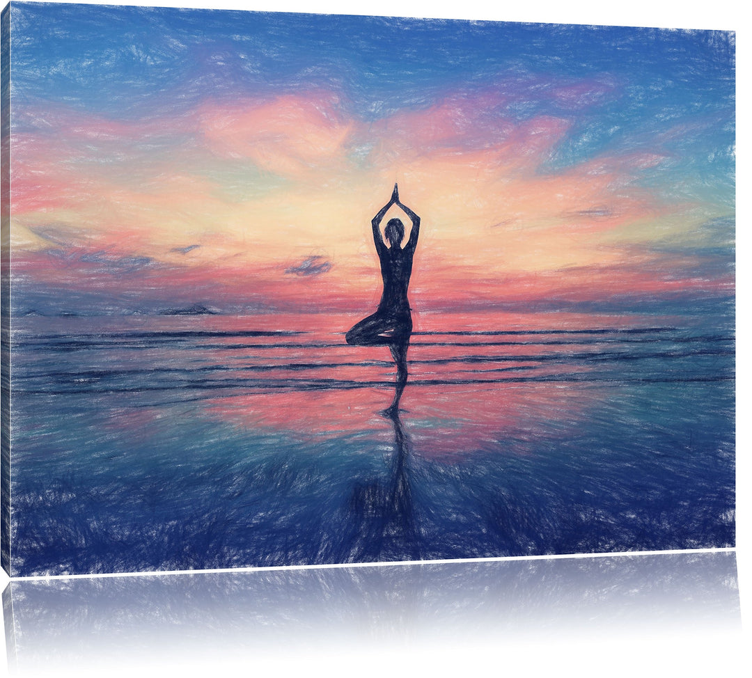 Pixxprint Yoga am Strand / 100x70cm Leinwandbild bespannt auf Holzrahmen/Wandbild Kunstdruck Dekorat