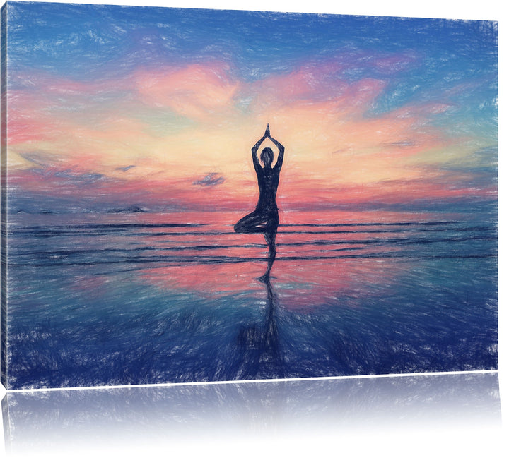 Pixxprint Yoga am Strand / 100x70cm Leinwandbild bespannt auf Holzrahmen/Wandbild Kunstdruck Dekorat
