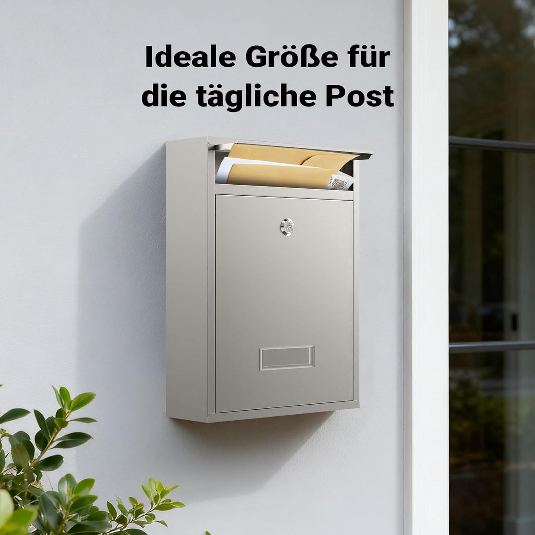 Wiltec Briefkasten V10 Edelstahl 260 x 90 x 350 mm, Wandbriefkasten mit Schloss und Namensschild, Po