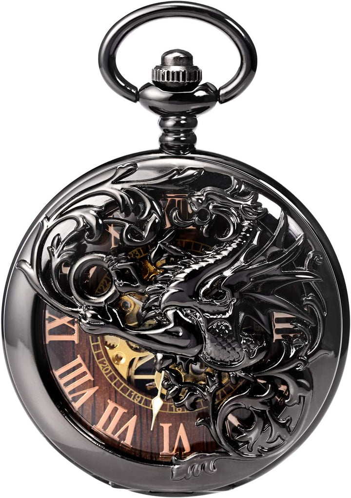TREEWETO Antike Drache Mechanische Skelett-Taschenuhr mit Kette 5. Bronzebraun, 5. Bronzebraun