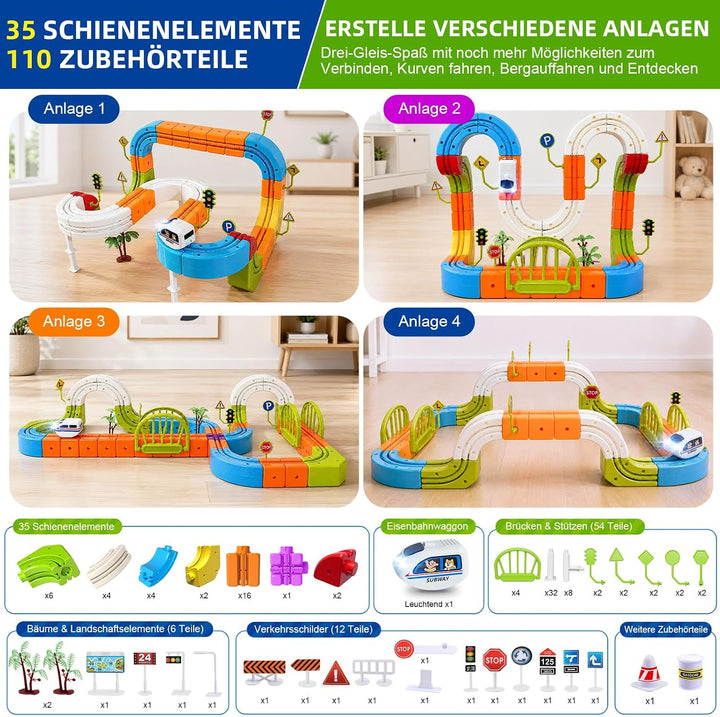 145 PCS Eisenbahn Elektrisch Cube Track, 3D Schwerkrafttrotzendes Zug Set, DIY Zugstrecken Spielzeug