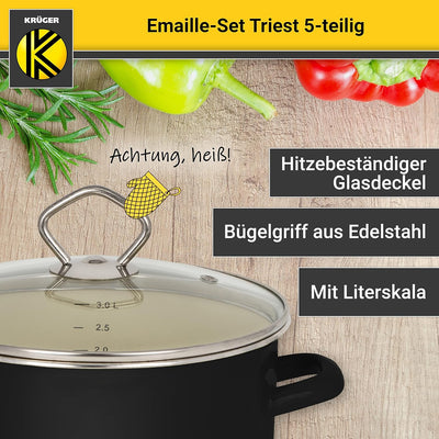 Krüger Emaille-Set Triest 5 teilig - Emaille-Topfset aus Fleischtopf, Stieltopf und Milchtopf - Töpf