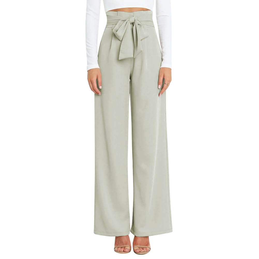Odizli Damen Elegant High Waist Lang Weite Hose Sommer Business Festlich Anzughose mit Gürtel S Hell