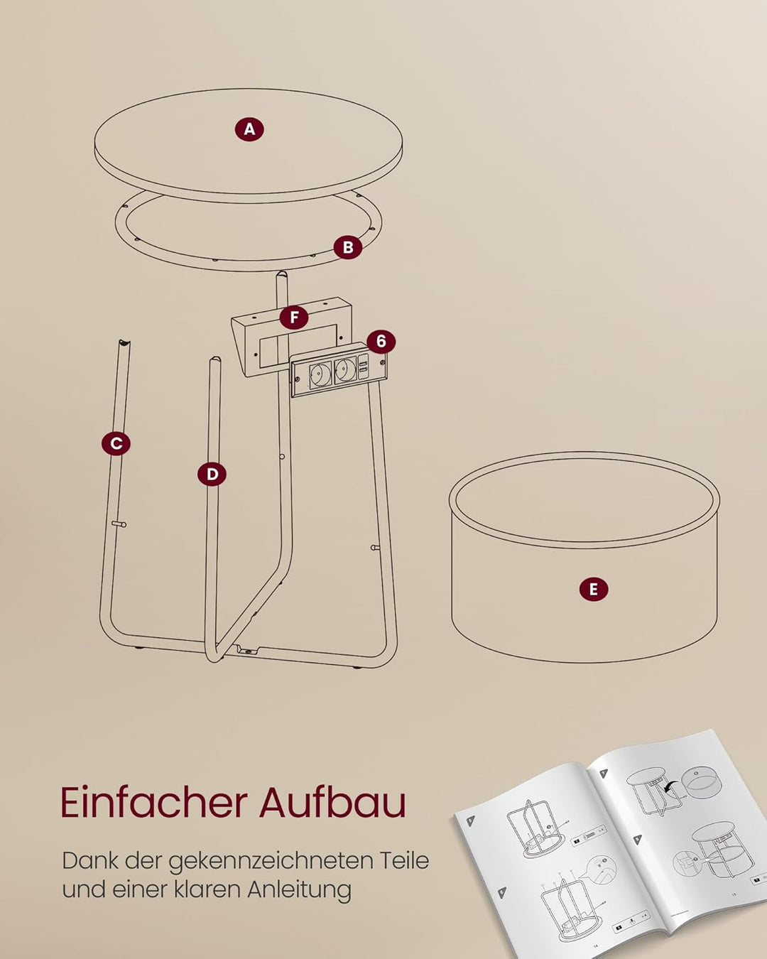VASAGLE Beistelltisch rund, Kleiner Tisch, Couchtisch mit Steckdose, Wohnzimmertisch, Korb aus Stoff