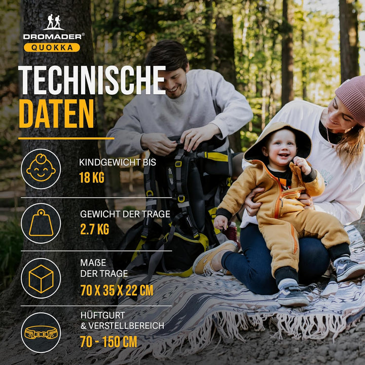 Dromader Kraxe Kindertrage bis 22kg - Baby Rückentrage Wandern mit Sonnendach Regenschutz - Babytrag