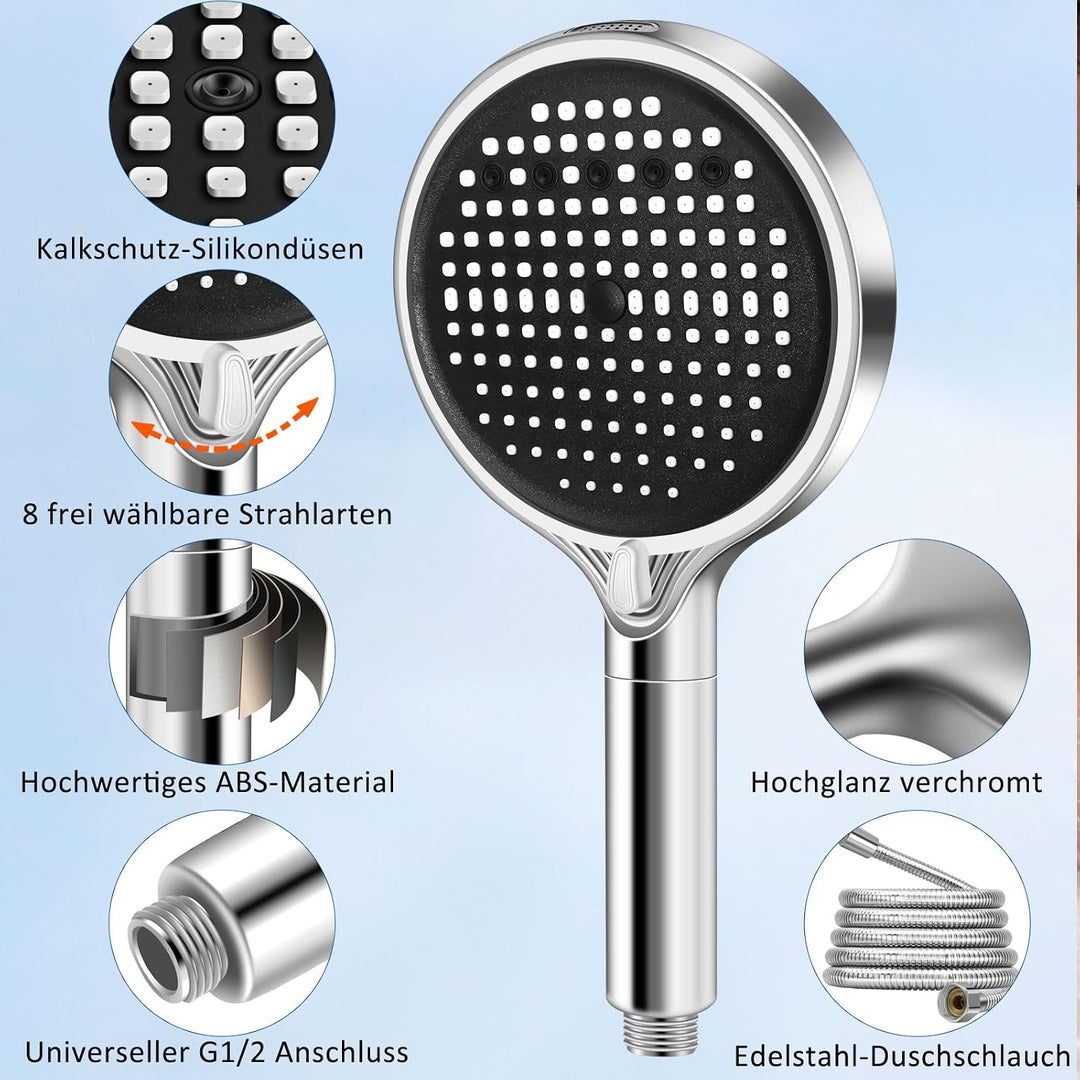 Handbrause Set Duschkopf mit 3 Filter, XXL Hochdruck Duschbrause mit 1,5M Schlauch &amp; Halterung, 8 St
