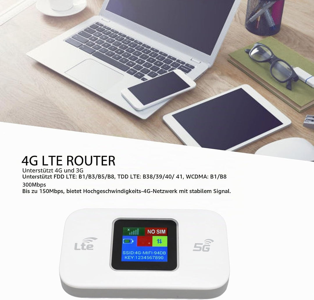 lyrlody Tragbarer 4G Router, Mobiler WLAN Hotspot 300Mbps 4G LTE WiFi Modem mit SIM-Kartensteckplatz